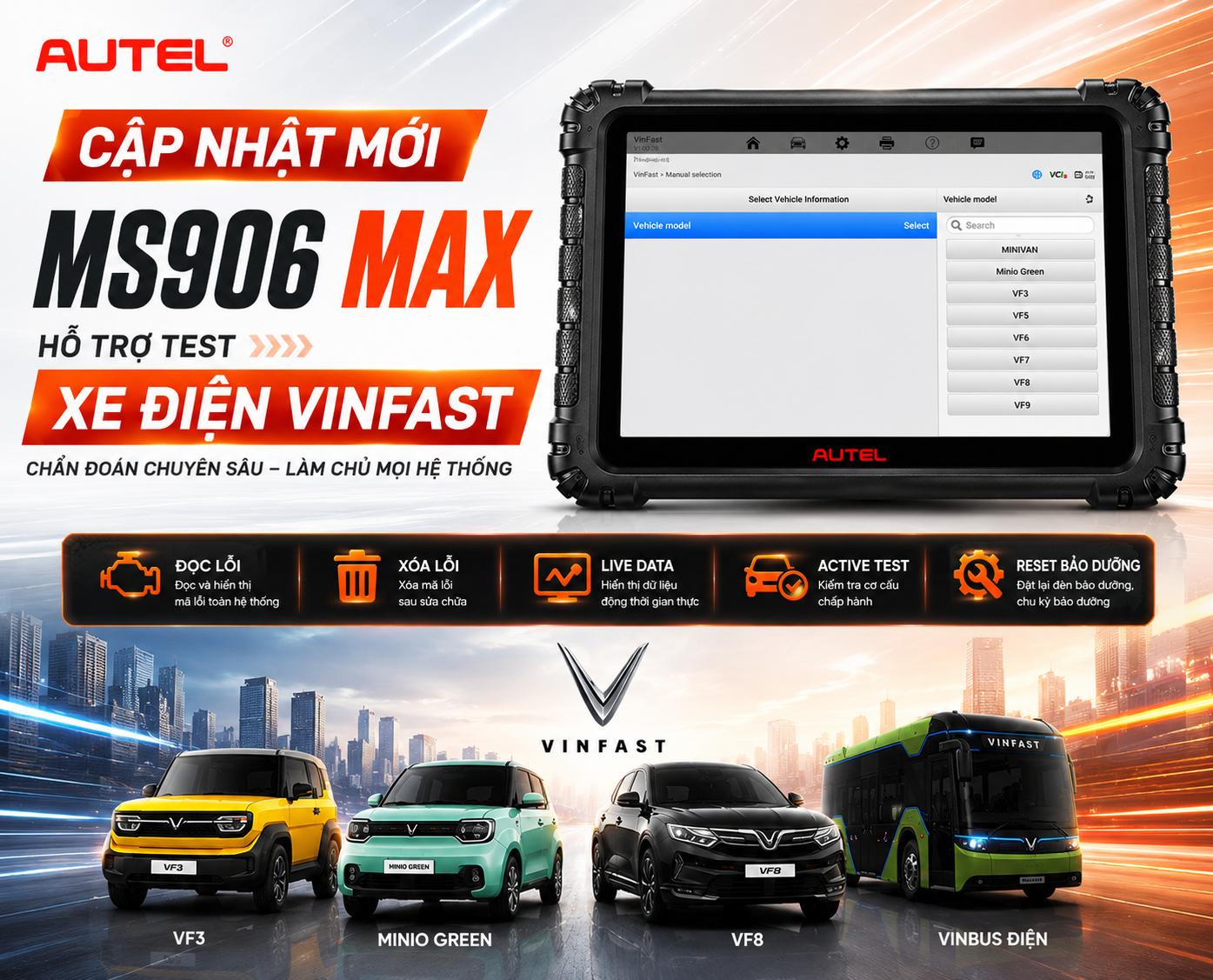 OBD VIỆT NAM ĐÃ CÓ BẢN CẬP NHẬT TEST XE ĐIỆN VINFAST CHO AUTEL MS906 MAX