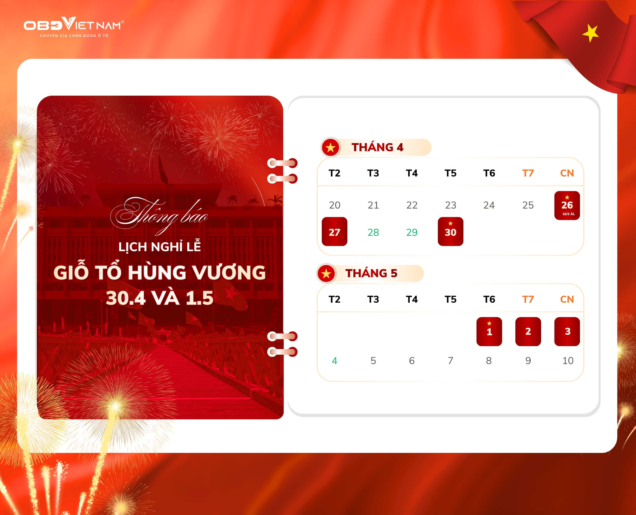 Thông Báo Lịch Nghỉ Lễ Giỗ Tổ Hùng Vương, 30/4 Và 1/5 Của OBD Việt Nam