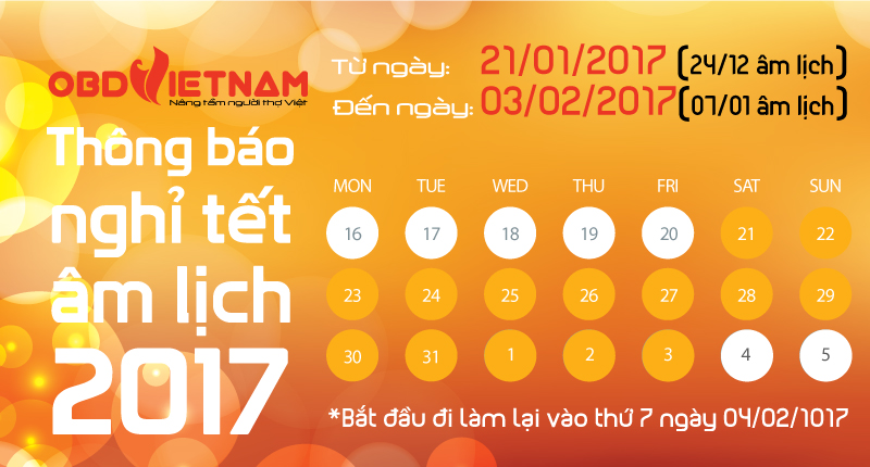 OBD Việt Nam thông báo nghỉ Tết Nguyên Đán Đinh Dậu 2017