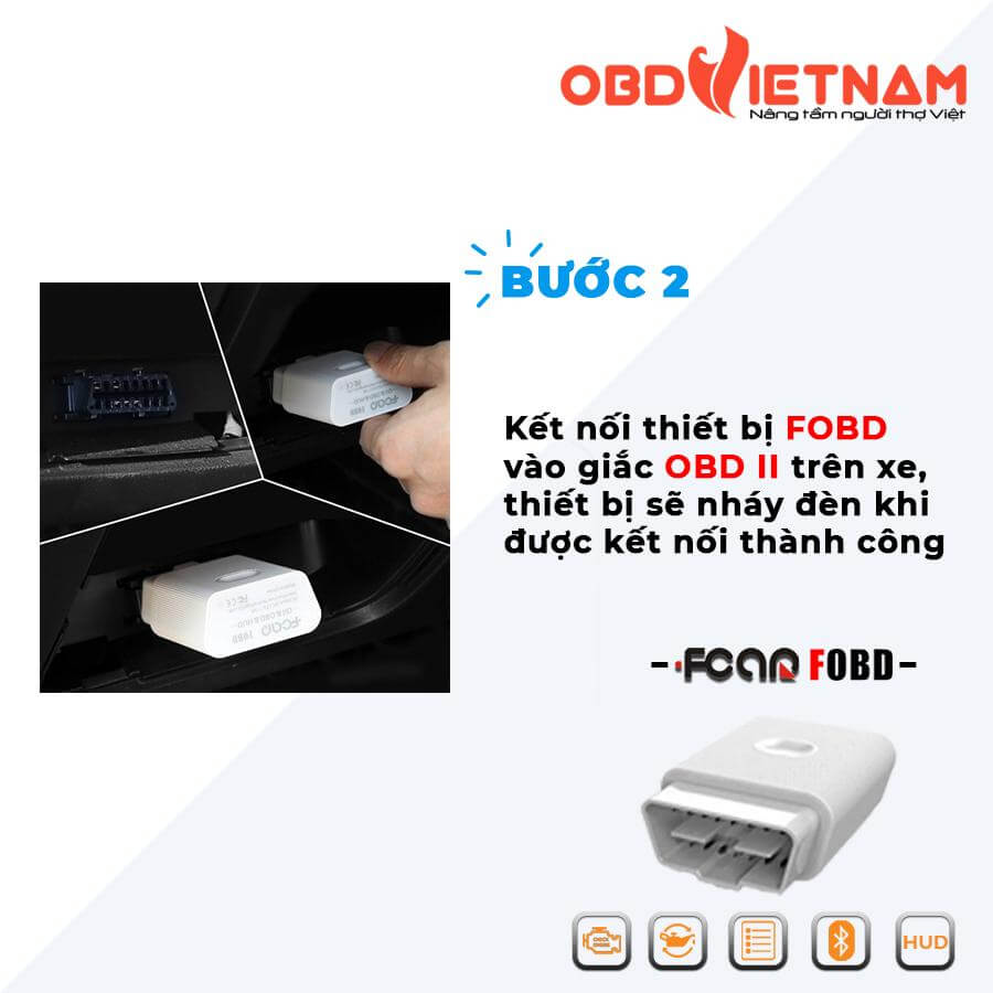 Hình 4: Kết nối thiết bị FOBD vào giắc chẩn đoán OBD II trên xe, thiết bị sẽ nháy đèn khi được kết nối thành công