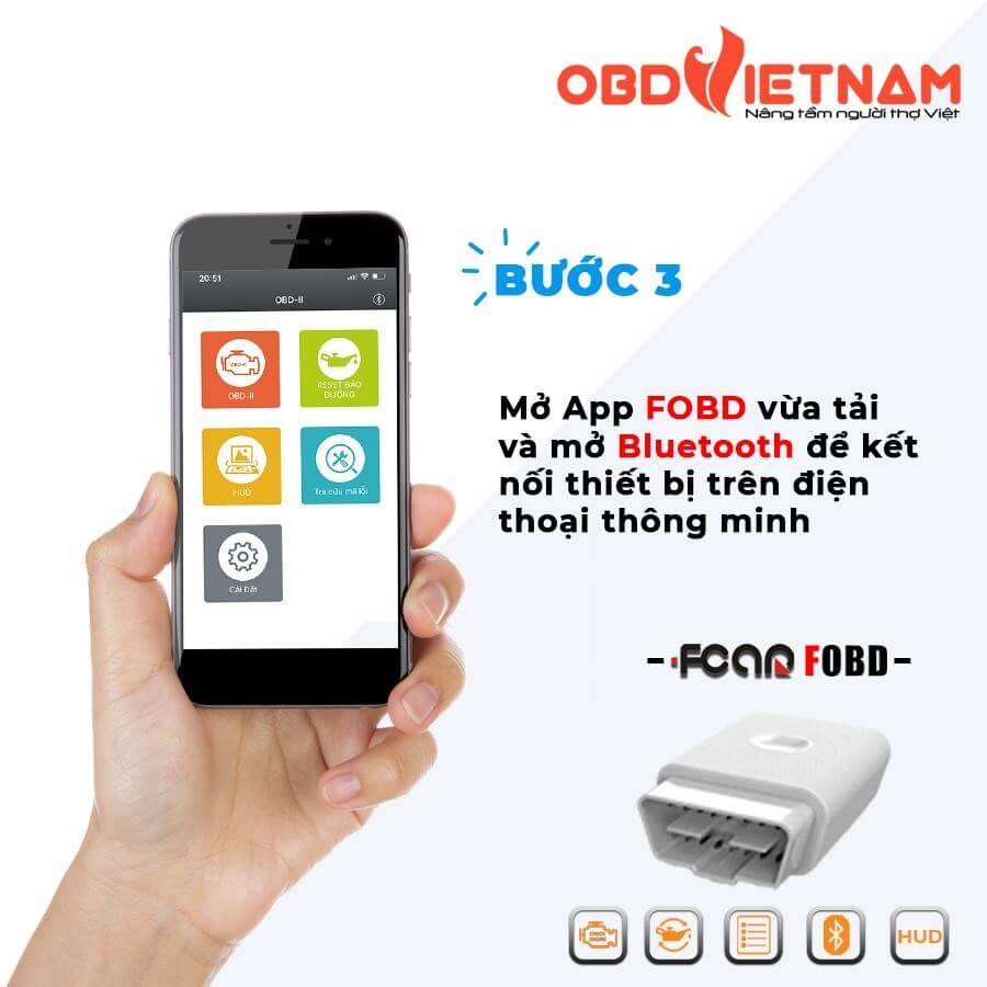 Hình 5: Mở App FOBD vừa tải và mở Bluetooth để kết nối thiết bị trên điện thoại thông minh