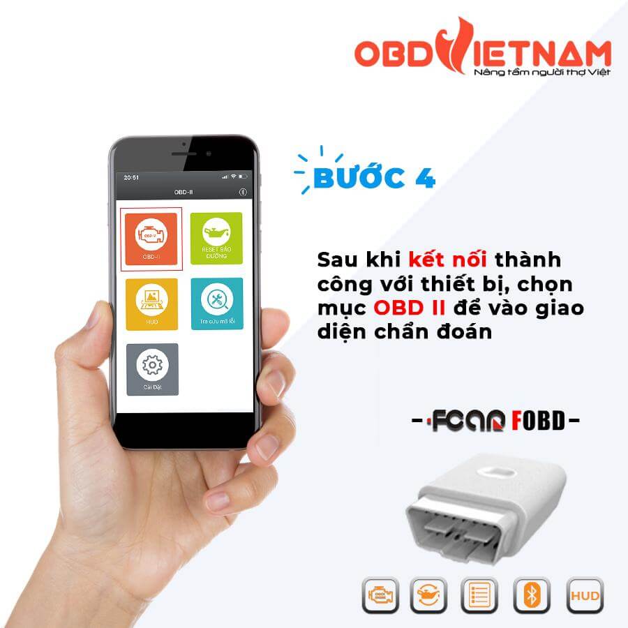 Hình 6: Sau khi kết nối thành công với thiết bị, chọn mục OBD II để vào giao diện chẩn đoán