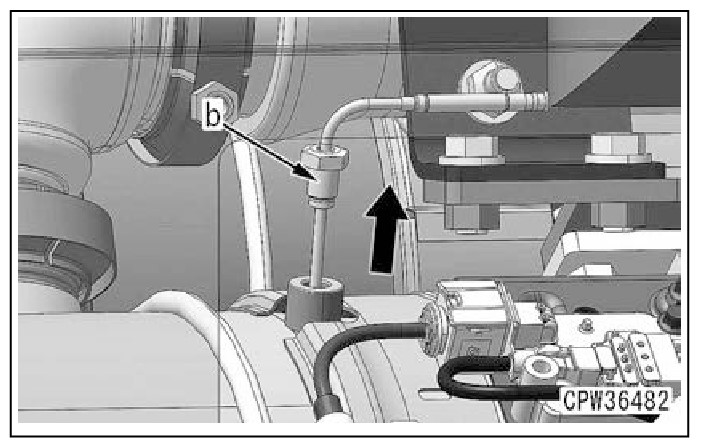 Hình 11: Nới lỏng đai ốc (10), giữ phần kim loại (b) của cảm biến nhiệt độ đầu vào SCR (11) bằng tay và kéo thẳng ra theo hướng mũi tên