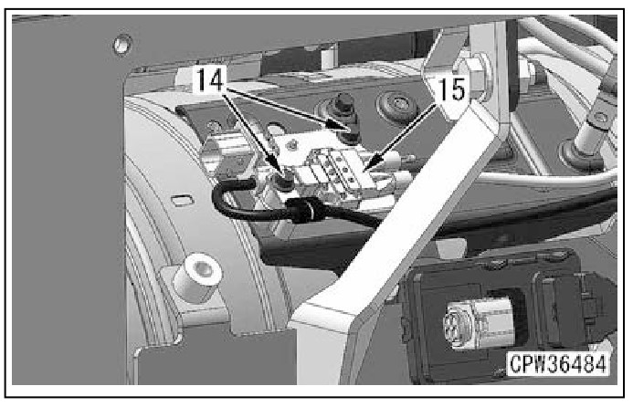  Hình 14: Tháo các bu lông (14) (2 chi tiết) và tháo cảm biến nhiệt độ SCR (15)