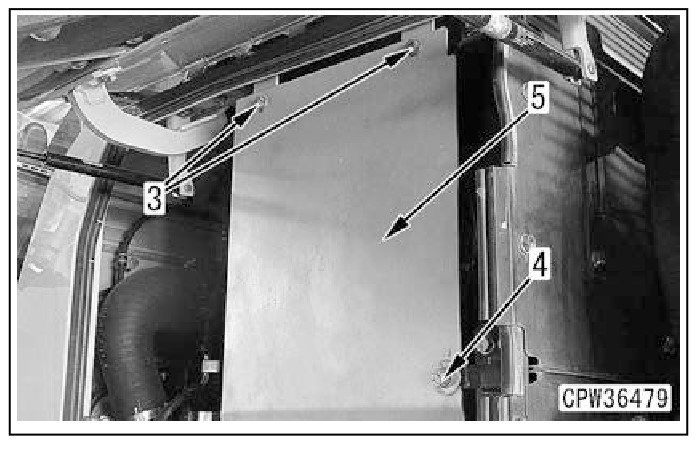 Hình 3: Tháo các bu lông (3) (2 chi tiết), nới lỏng bu lông (4) và tháo bộ bảo vệ nhiệt (5)